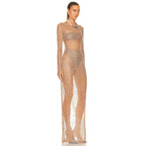 Maxi-Bodycon-Kleid mit Rundhalsausschnitt, langen Ärmeln und Strass